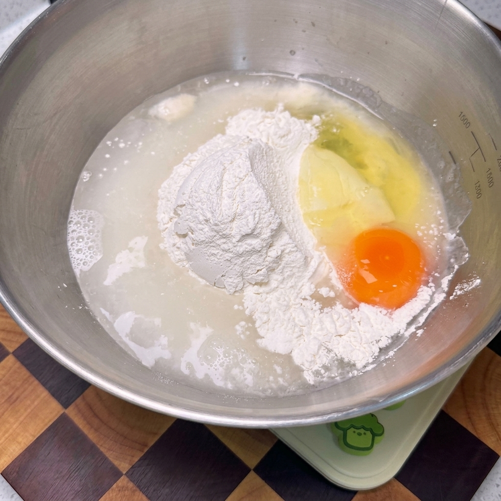 ボウルに小麦粉、卵、水分を入れ、なめらかな薄黄色の衣になるまで泡立て器で混ぜている様子。