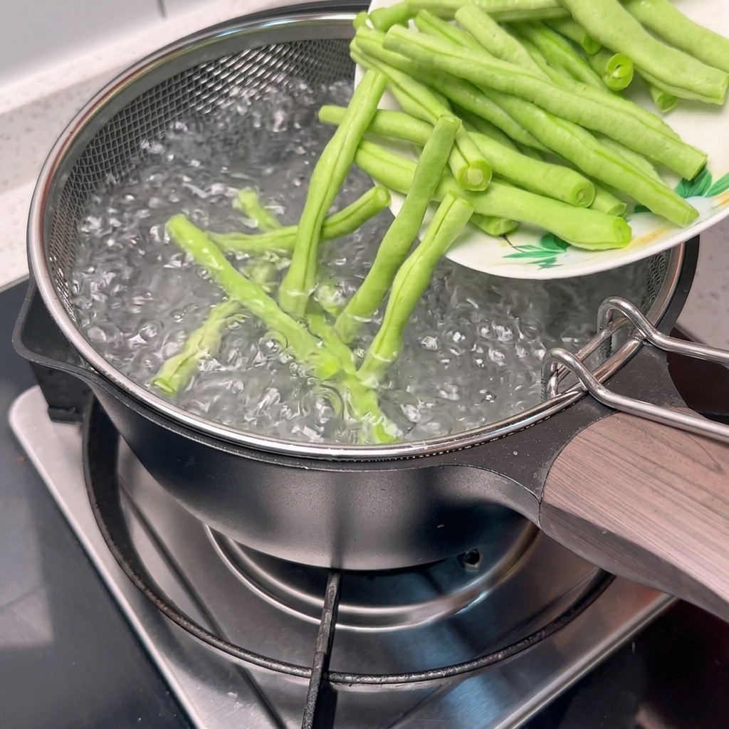 沸騰したお湯が入った大きな鍋に、金属製の網じゃくしでインゲン豆を入れている様子。