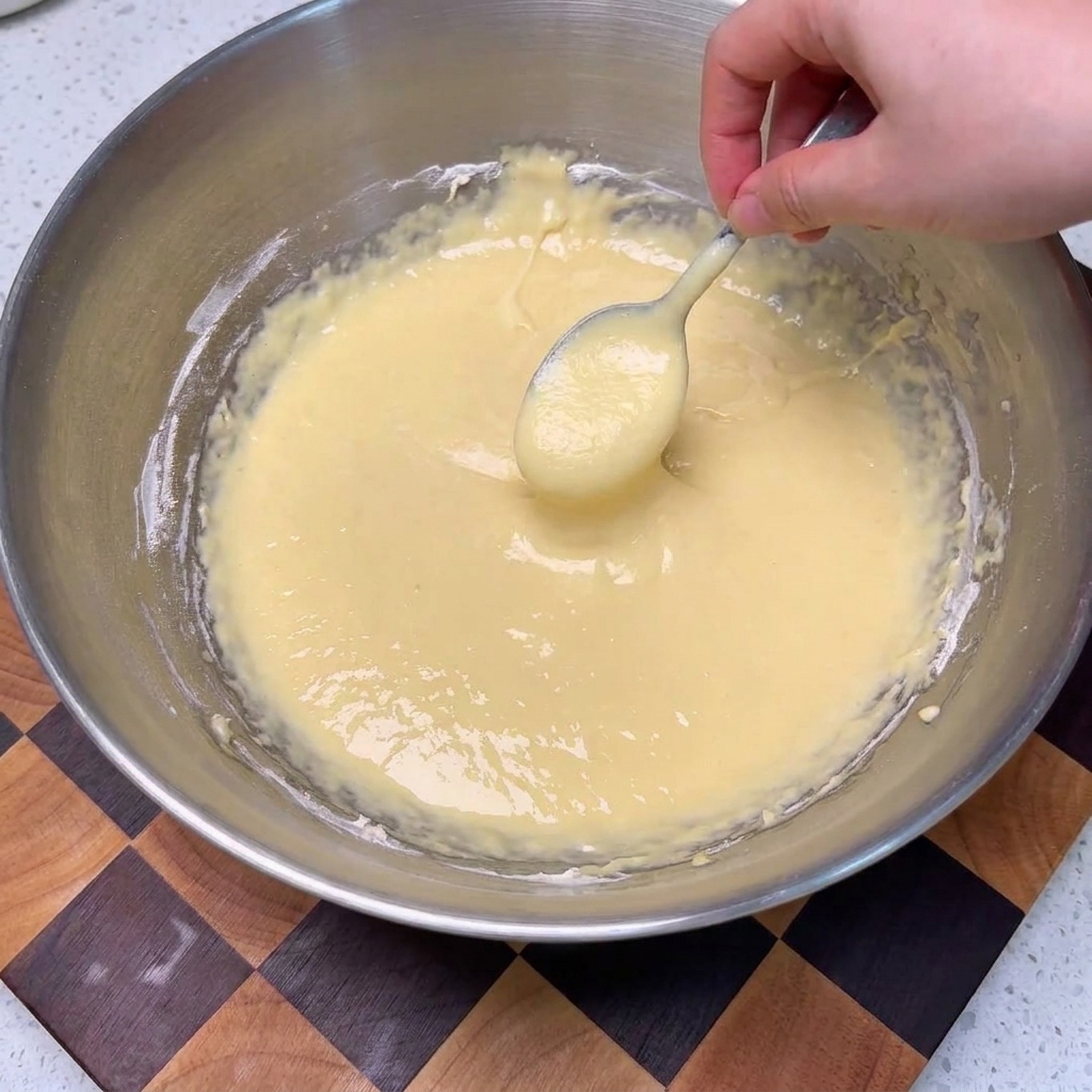 下茹でしたインゲン豆に、スプーンで黄色の衣をかけているボウルの中の様子。