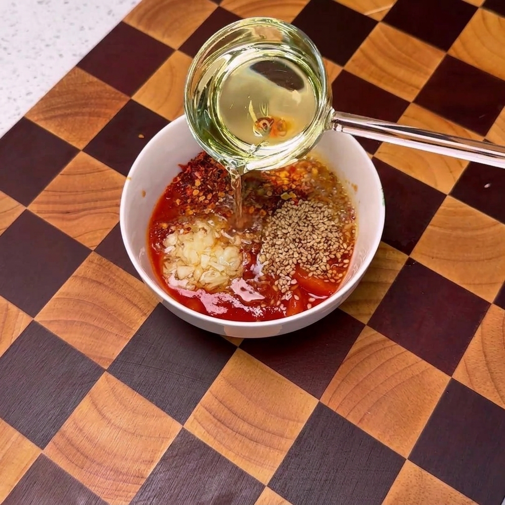 にんにくとスパイスが乗ったトマトソースのボウルに、小さなお玉で熱々の油を注ぎかけ、ジュワッと泡立っている様子。