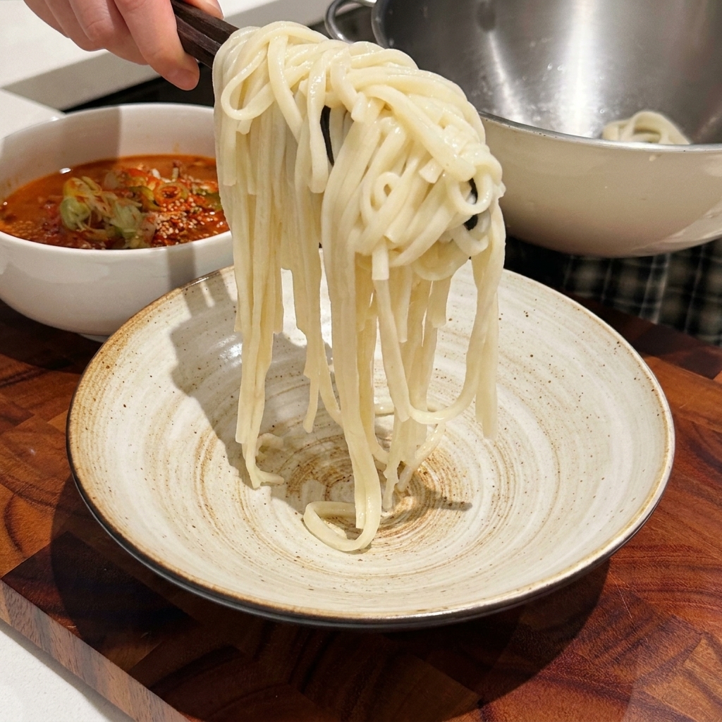 茹で上がったうどんをトングで器に移している様子。