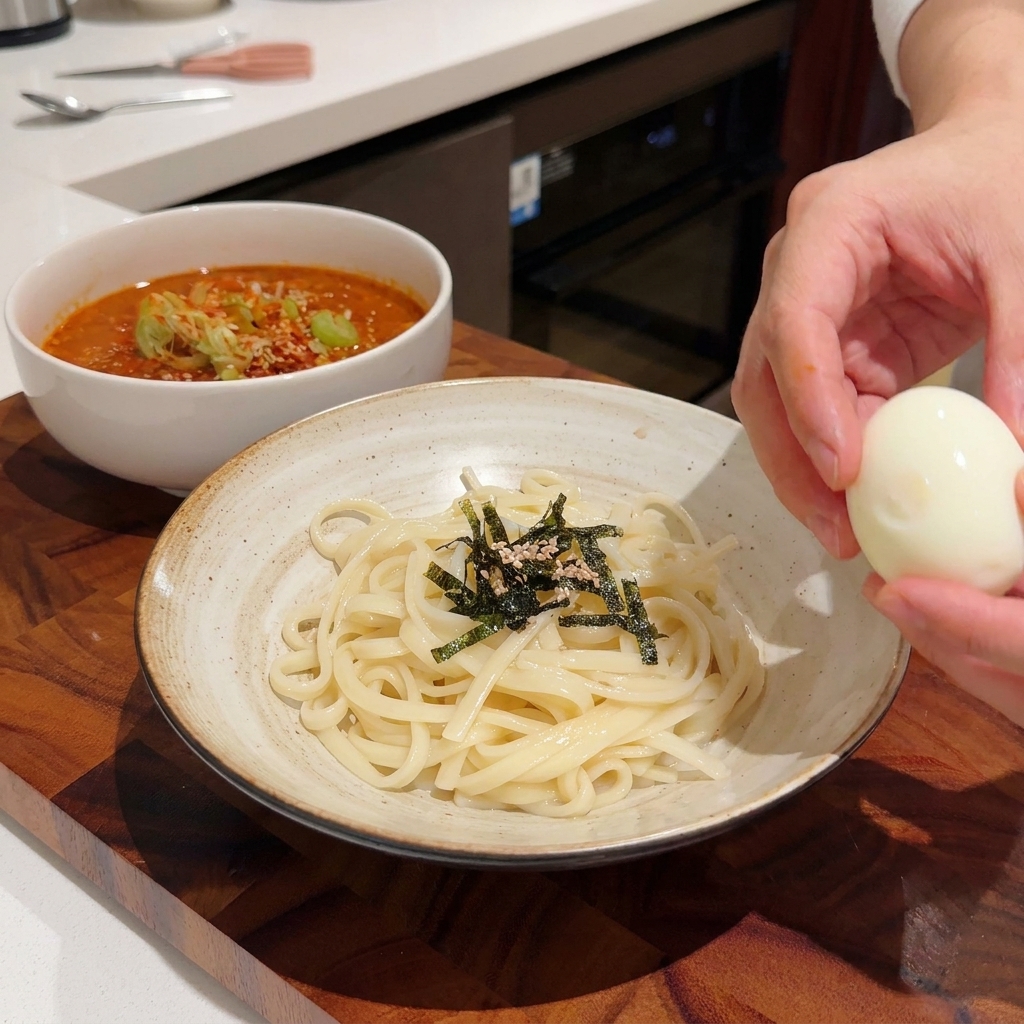 うどんの上に半熟卵をトッピングしている様子。