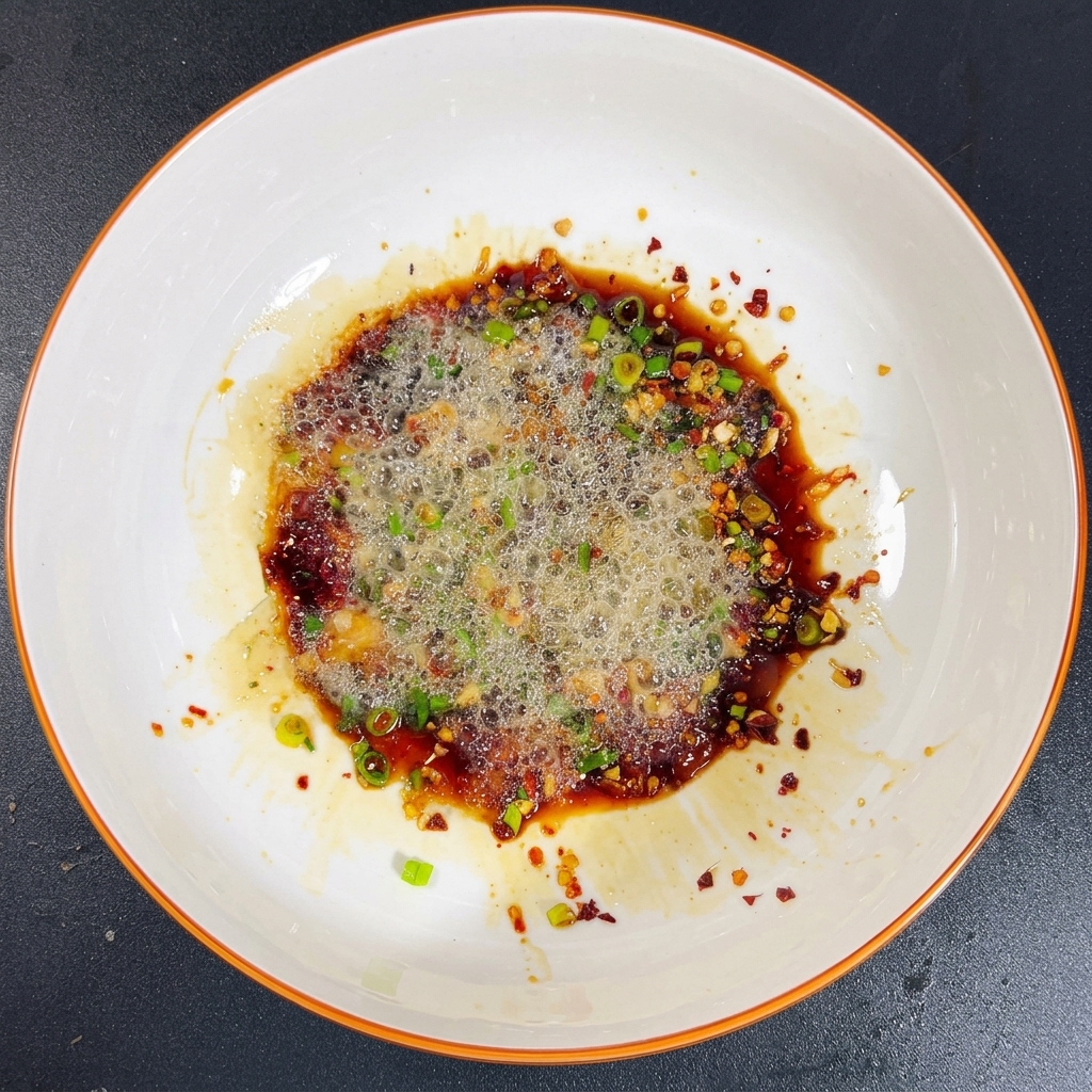 乾燥した調味料と薬味に熱したラードを注ぎ、ジュージューと音を立てている様子。