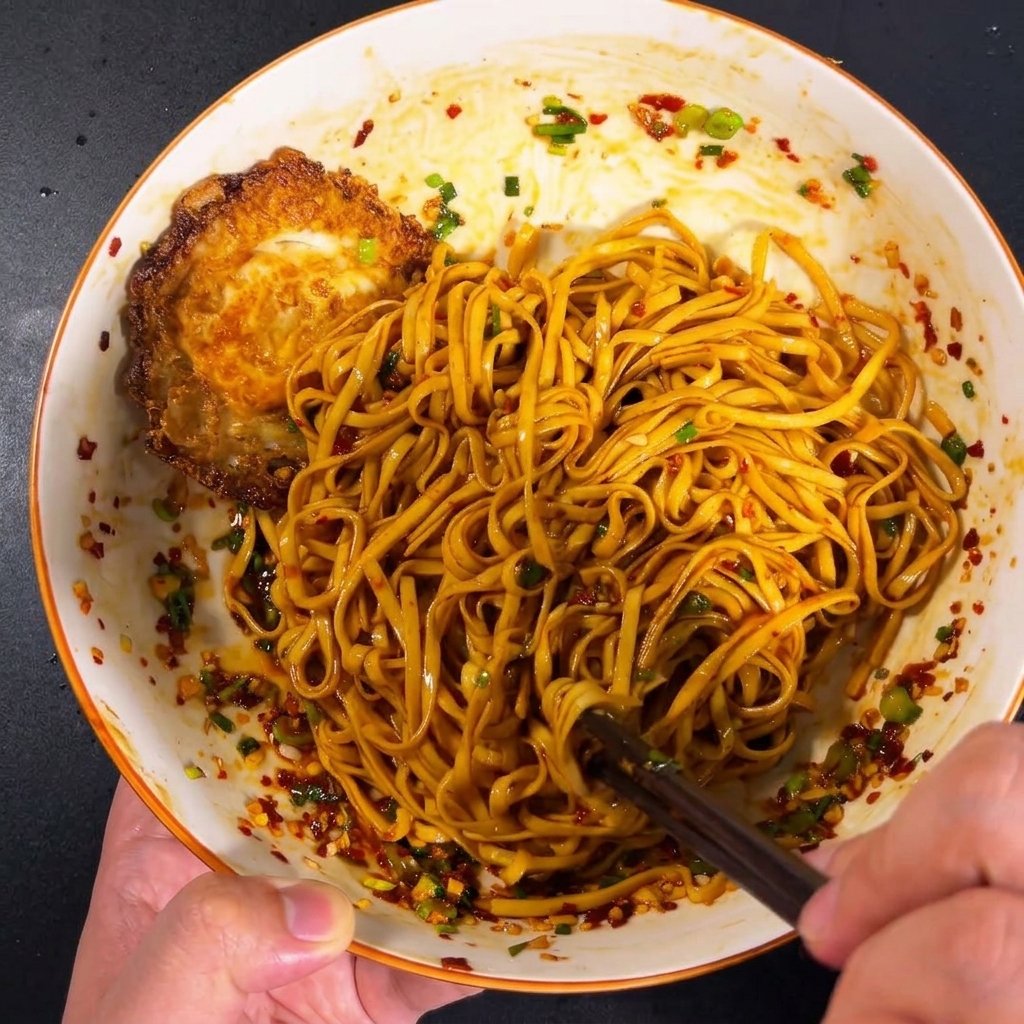 茹で上がった麺をボウルに入れ、箸でガーリックチリソースと絡めている様子。