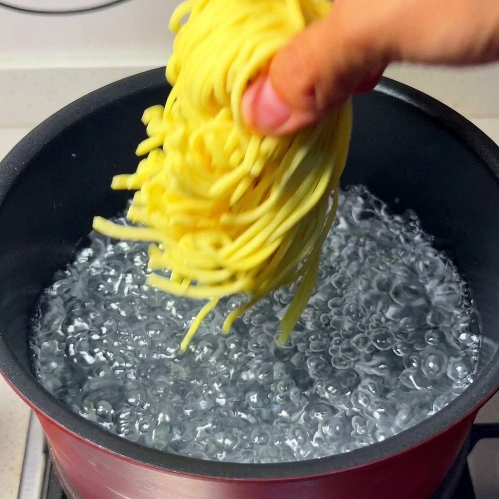 茹で上がった麺を氷水に入れている様子。