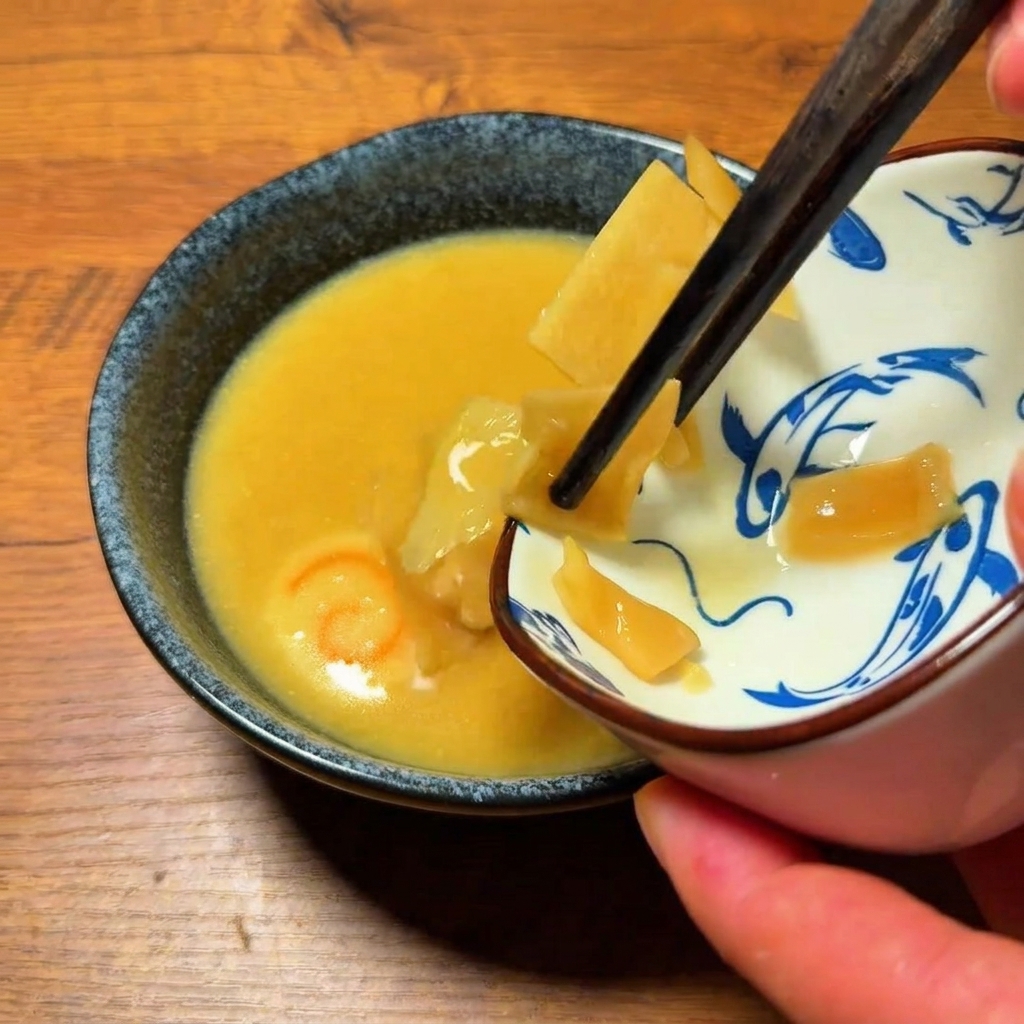 つけ汁に具材を盛り付けている様子。
