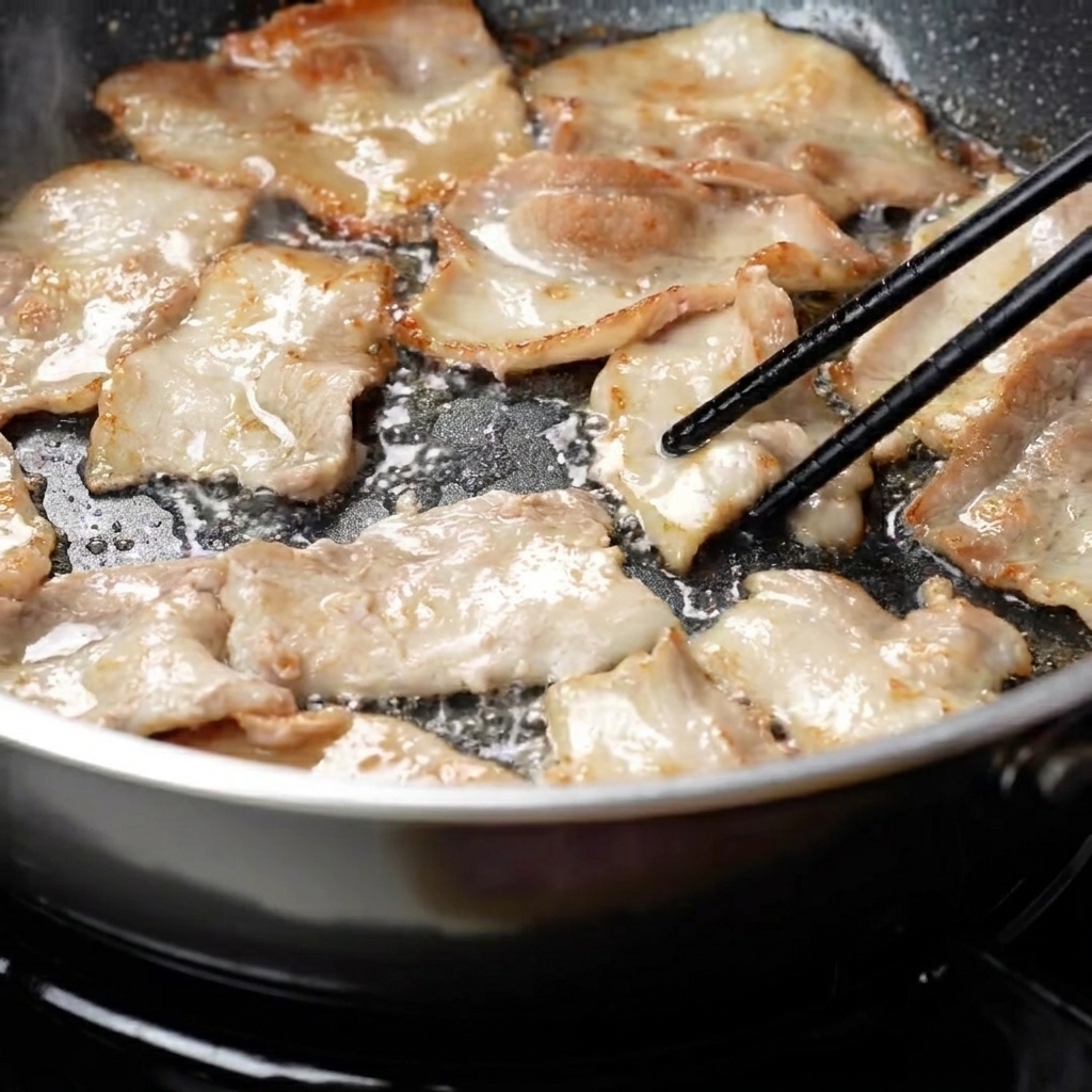 豚バラ肉を裏返し、美味しそうな焼き色が付いている様子。