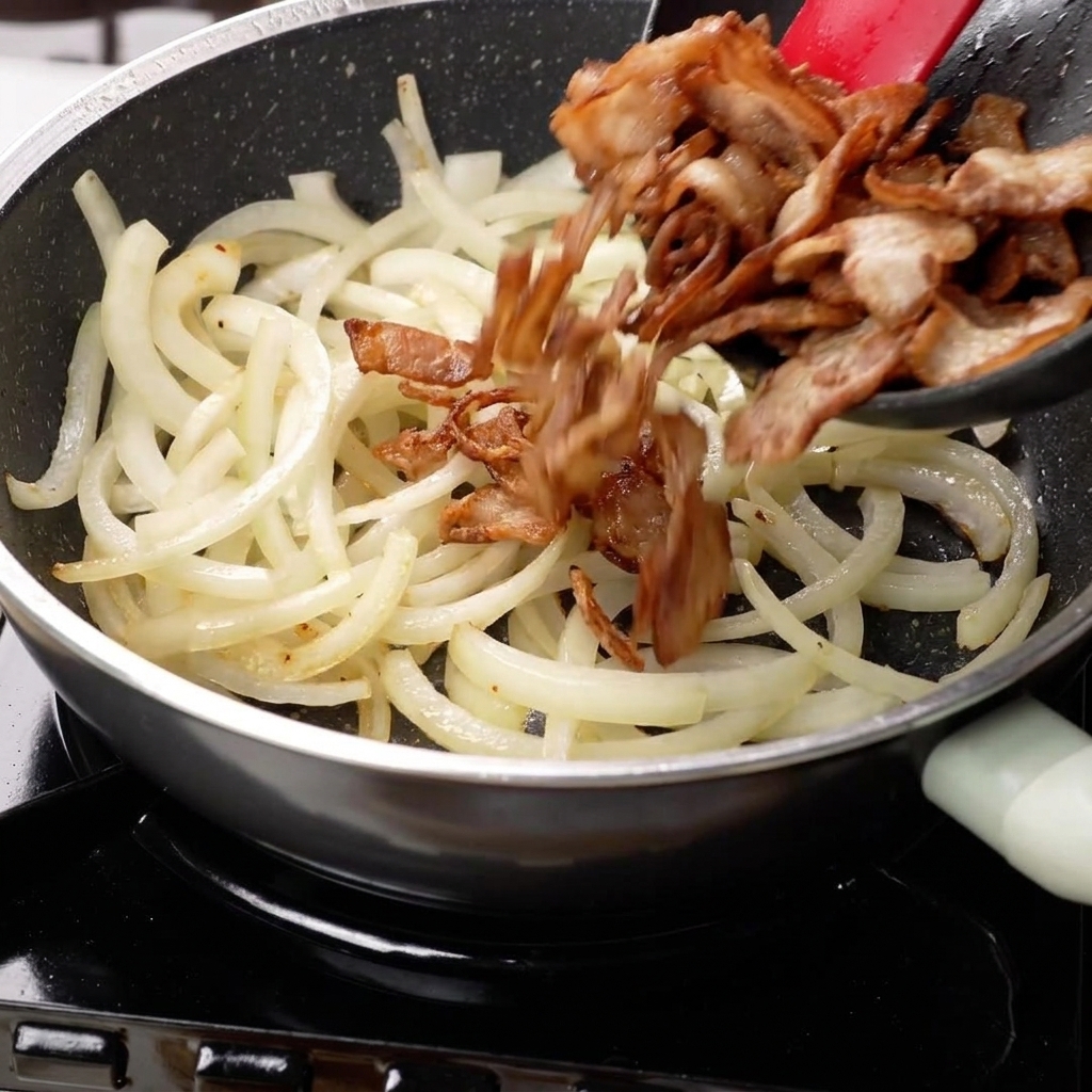 炒めた玉ねぎに豚肉を戻し入れている様子。