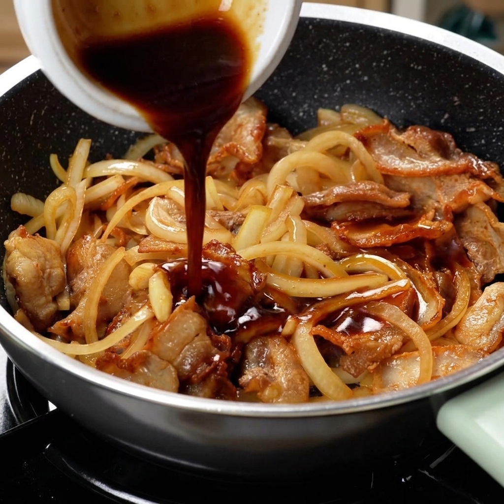全体に焼肉のたれを回しかけて仕上げている様子。