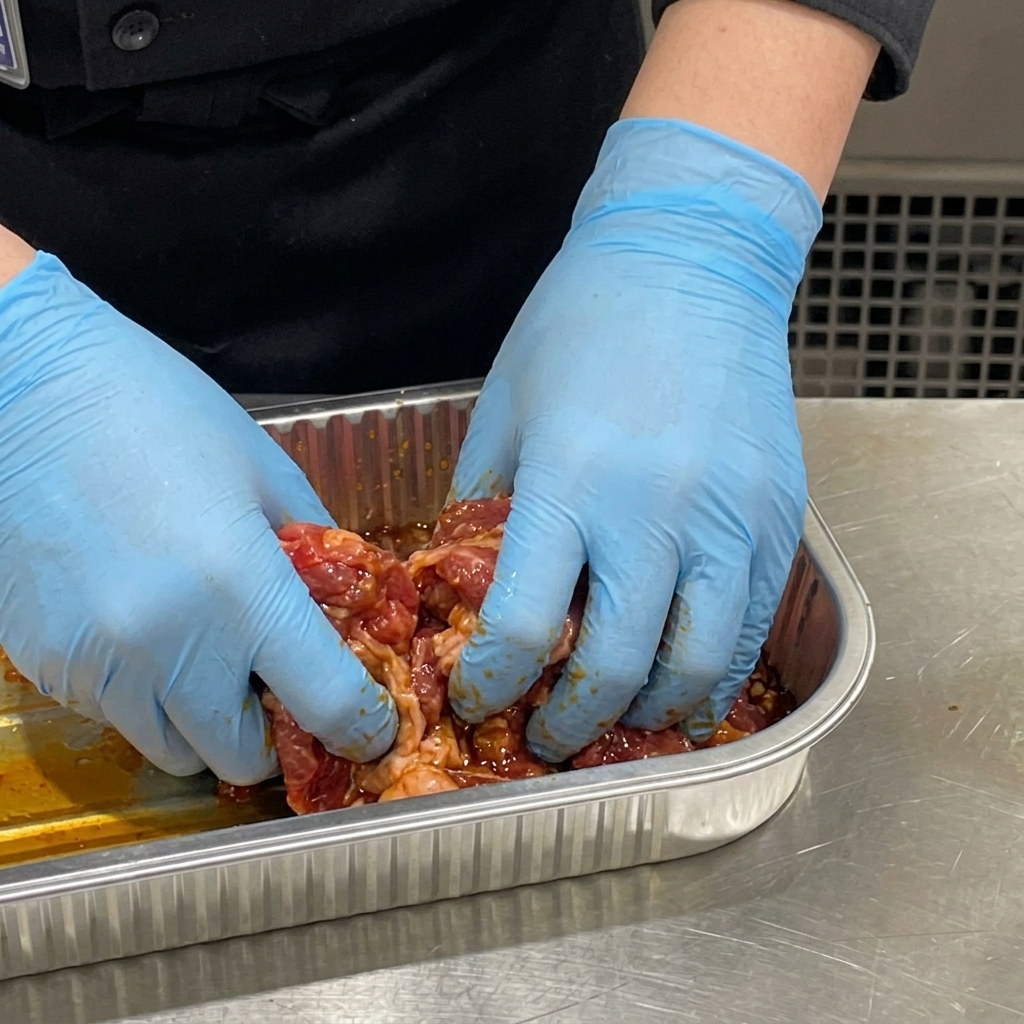 手で牛肉と生姜を混ぜ合わせている様子。
