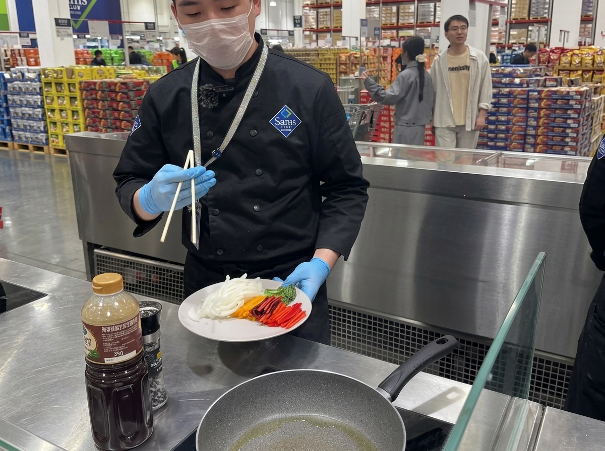 フライパンで玉ねぎ、パプリカ、ベビーブロッコリーを炒めている様子。