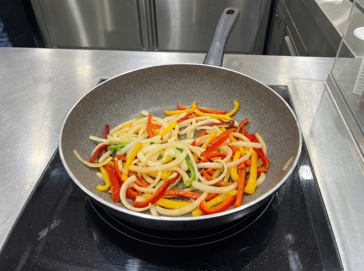 炒めた野菜にタレを加えて絡めている様子。
