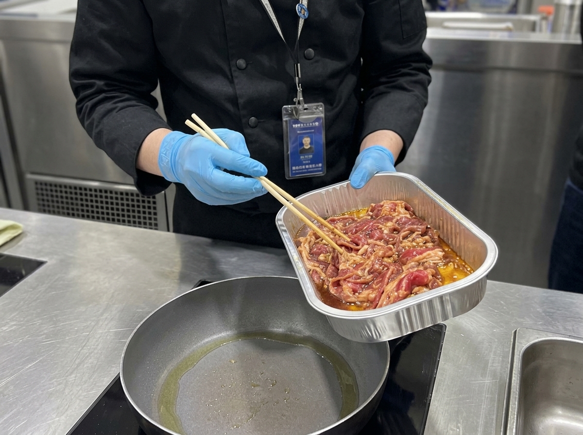 熱したフライパンで下味をつけた牛肉を焼いている様子。
