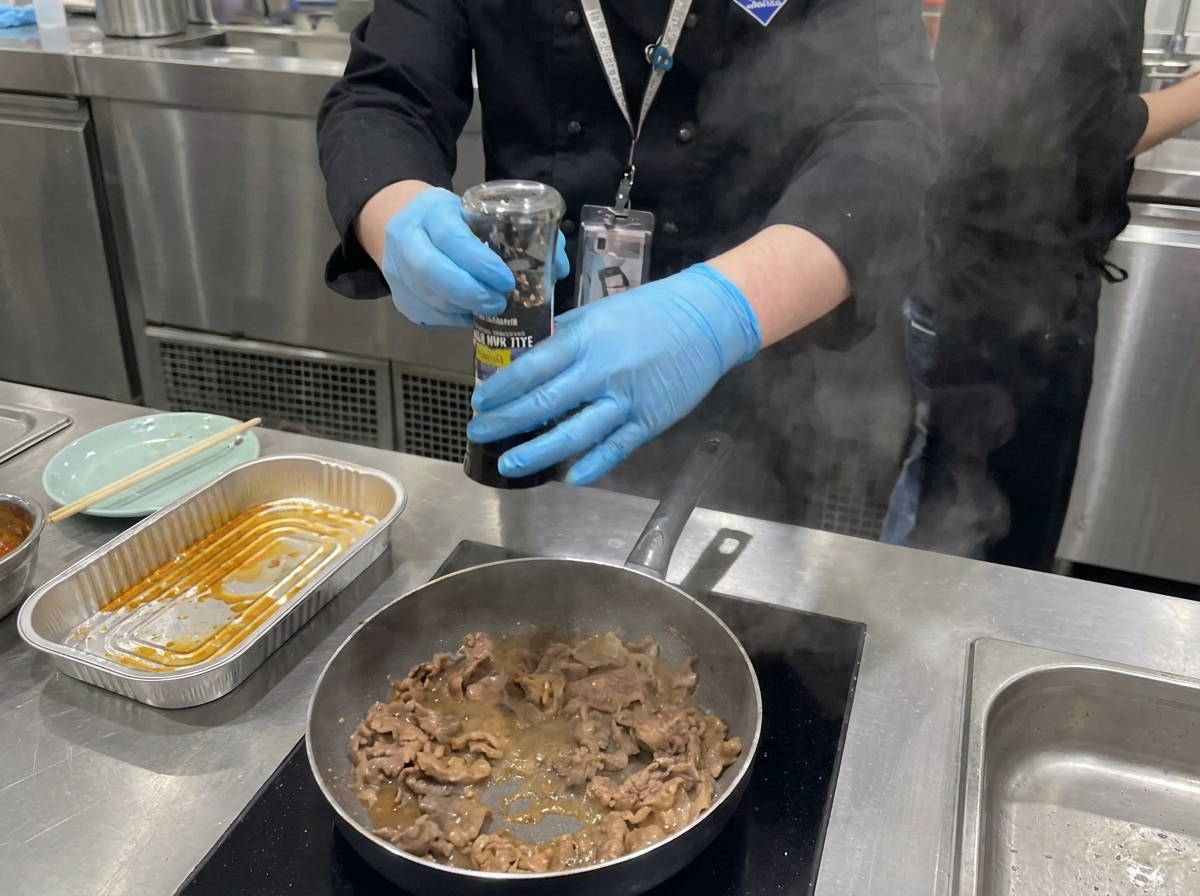 肉に塩、胡椒、醤油を加えて炒め合わせている様子。