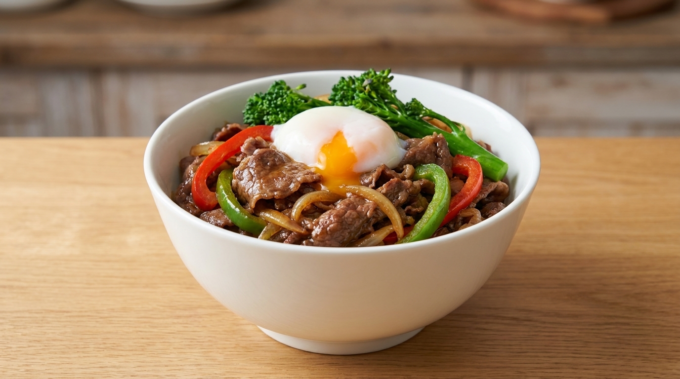 柔らかな牛バラ肉、旬の野菜、半熟卵を盛り付けた、彩り豊かな牛丼風スタミナ丼。