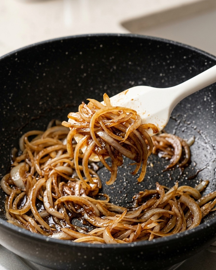 炒めた玉ねぎの中に下茹でした牛肉を加え、合わせている様子。