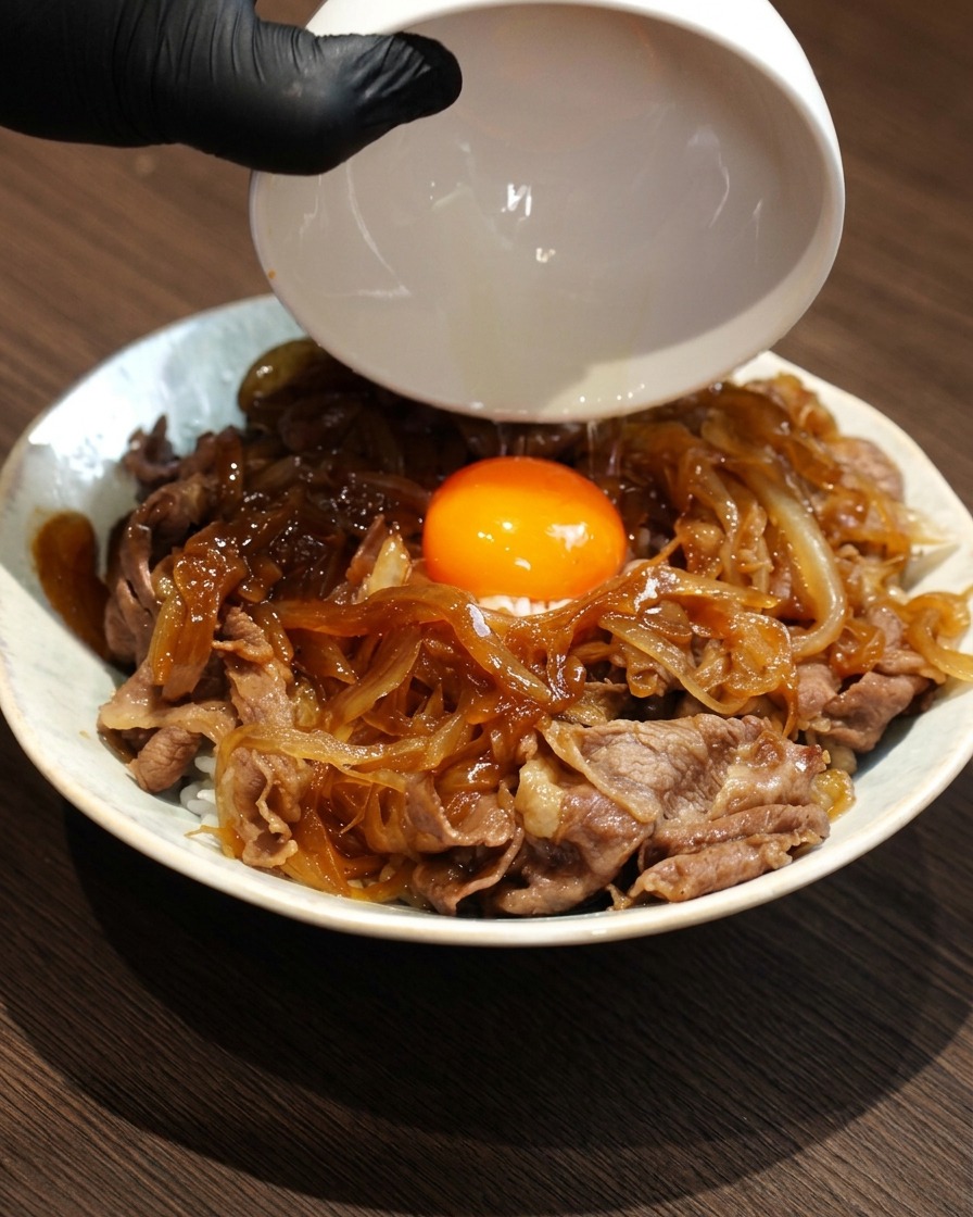 丼の中央に新鮮な卵黄をそっと落としている様子。
