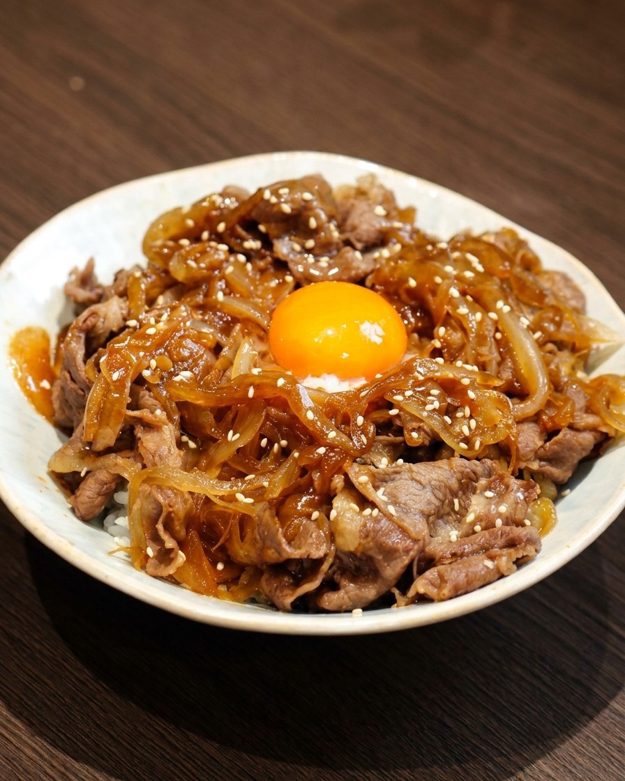 卵黄の周りに胡麻と青ネギを散らし、完成した牛丼の様子。