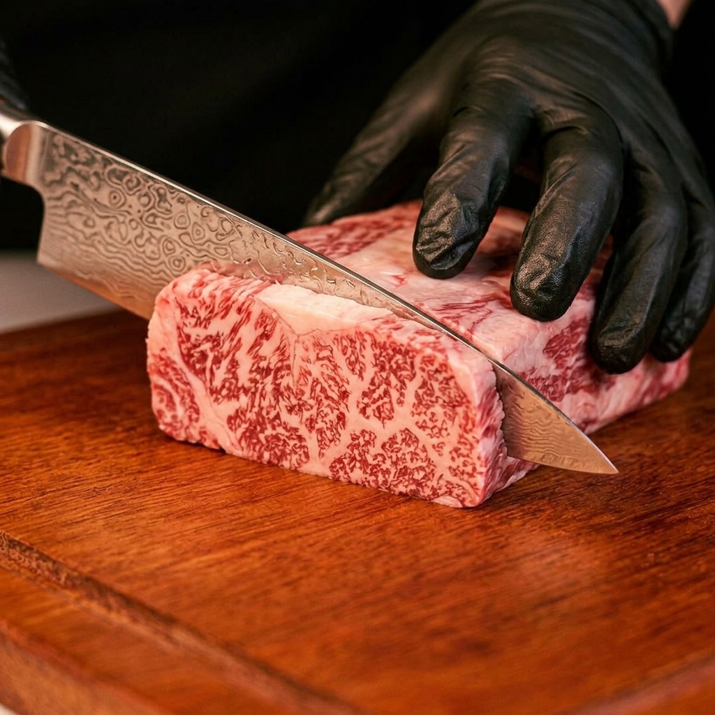 手袋をした手で、牛肉と野菜を木製のまな板の上で均一な大きさに切っている様子。