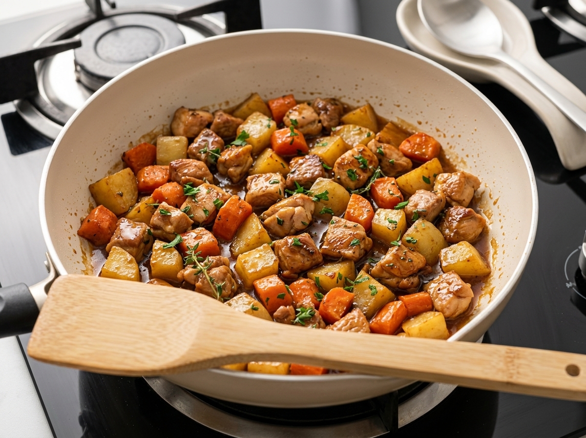 炒めた具材の中にカレールウを投入している様子。
