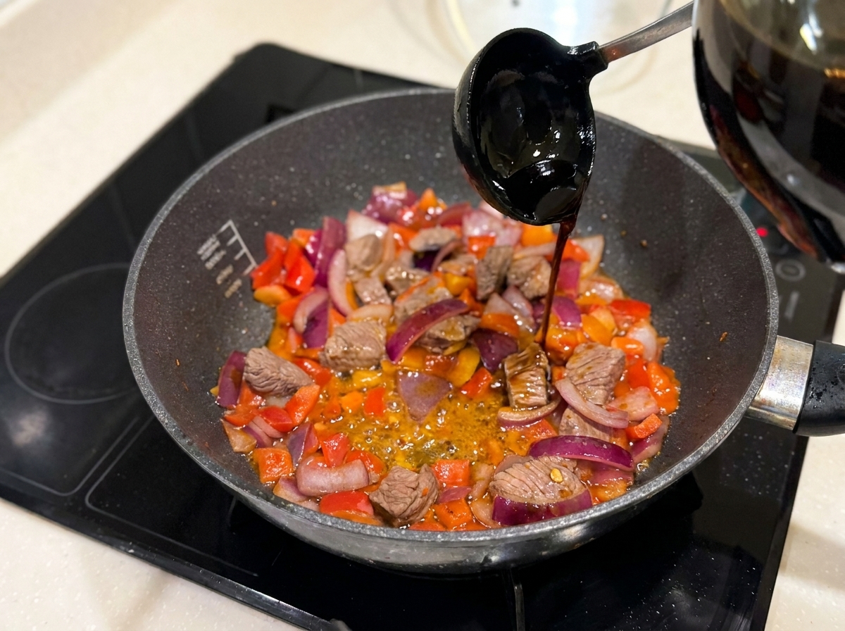 具材に醤油を回し入れている様子
