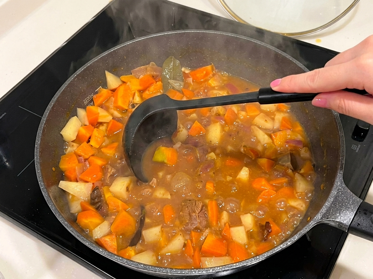 とろりとしたカレーを混ぜている様子
