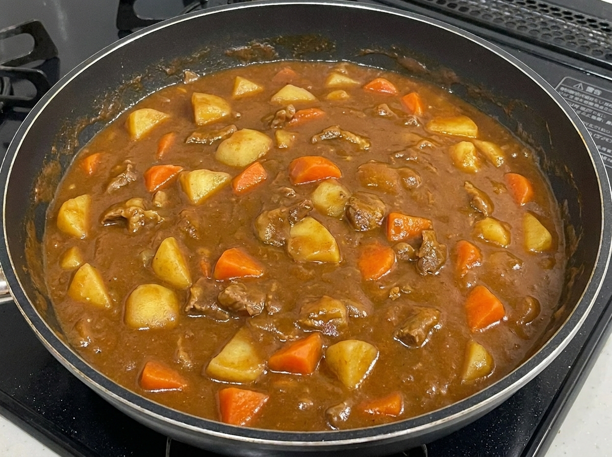 カレーに牛乳を加えて混ぜている様子