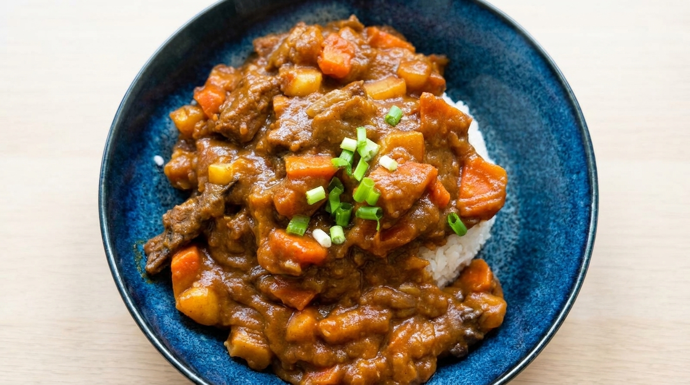 炊きたてのご飯にかけ、彩りに刻みネギを添えた、食欲をそそる日本風ビーフカレーライス。