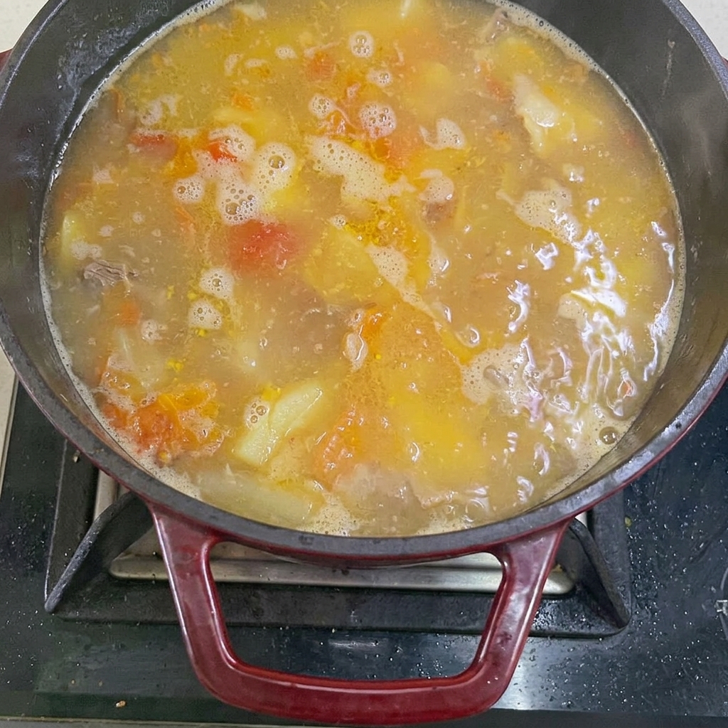 鍋に湯を注いで煮込んでいる様子