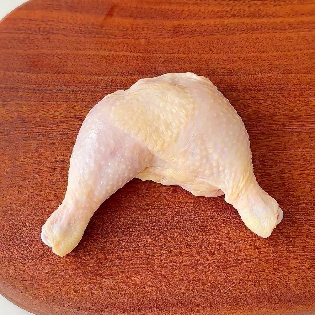 まな板の上で鶏もも肉を一口大に切っている様子