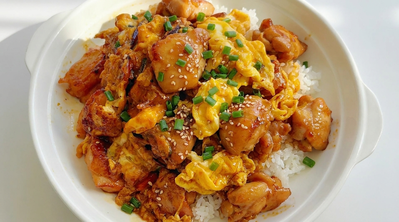 こんがり焼き上がった鶏肉とふわふわの卵がご飯を覆う、食欲をそそる照り焼き丼です。