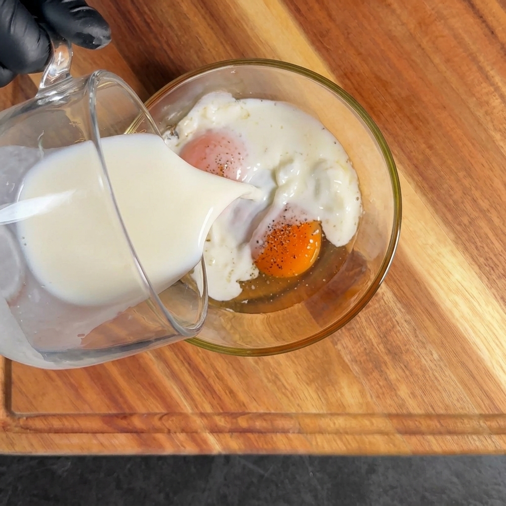 卵、牛乳、調味料が混ぜられたボウル