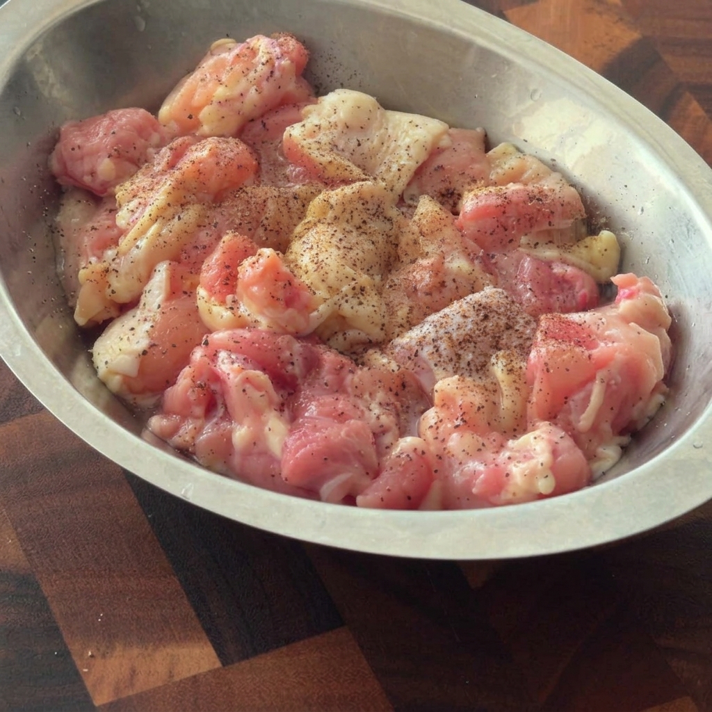 金属製のボウルに入った鶏肉に下味をつけている様子。