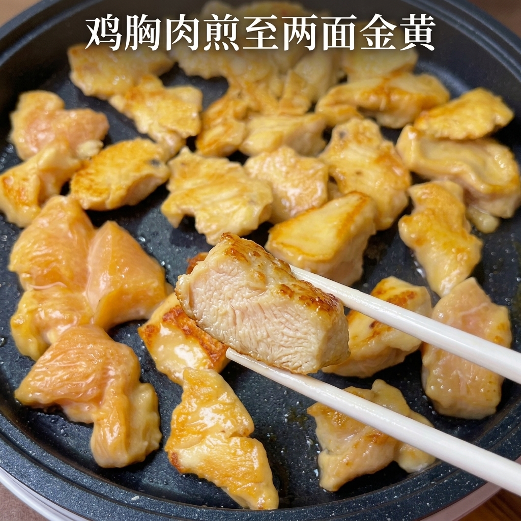 きつね色に焼けた鶏肉と一緒に、薄切りにした玉ねぎをフライパンで炒めている様子。