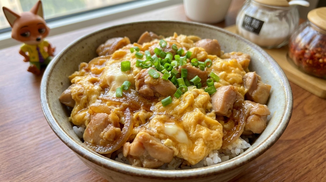 ふっくらとしたご飯の上に、とろとろの卵と鶏肉をのせ、新鮮な青ねぎを散らした親子丼。