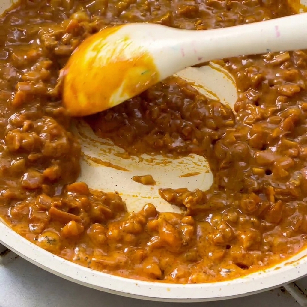 とろみのついたクリーミーなカレーソースをフライパンで混ぜている様子。