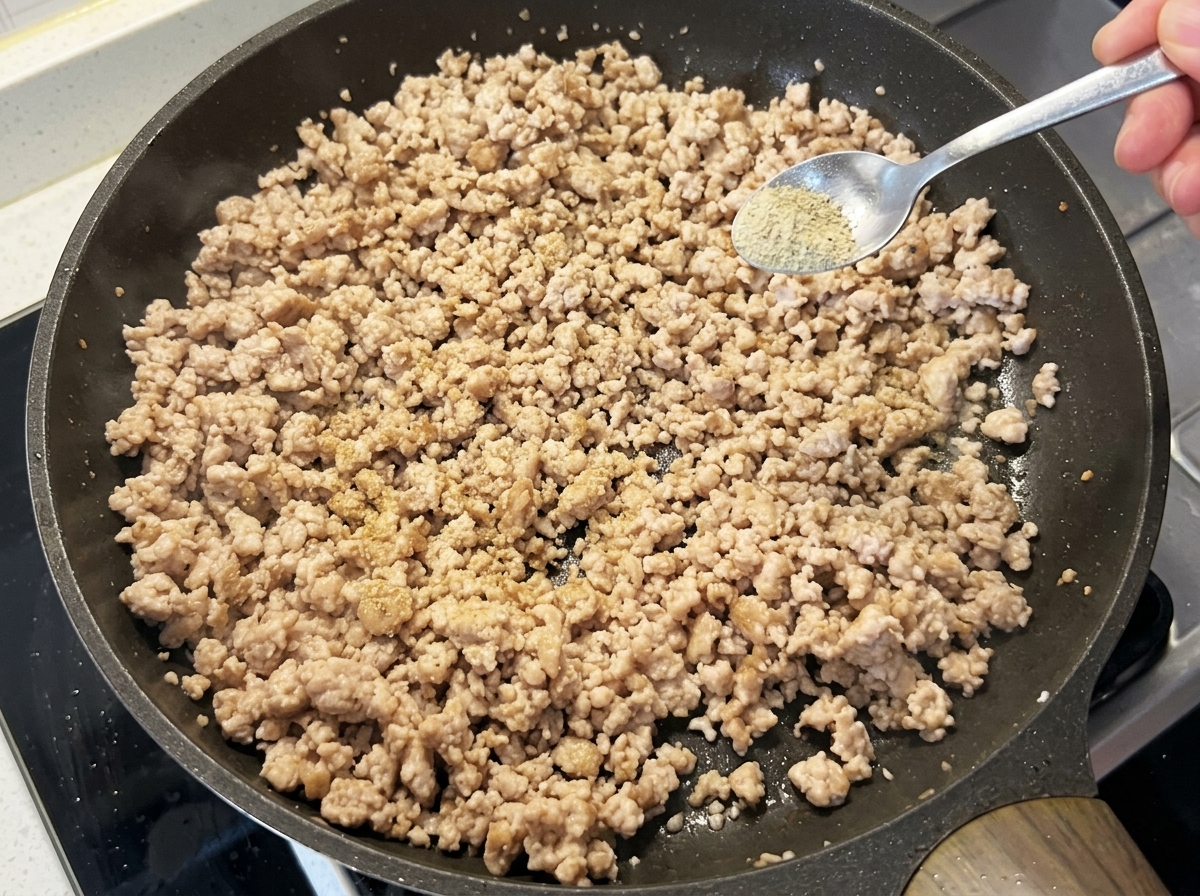 炒めた肉に長ねぎとニンニクを加える様子
