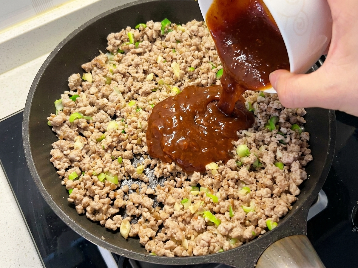 肉と香味野菜に合わせ調味料を流し込む様子