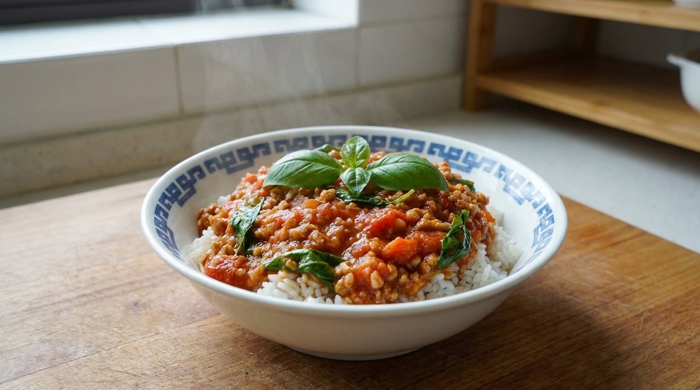 時短で美味しい！バジル香るトマトのひき肉丼