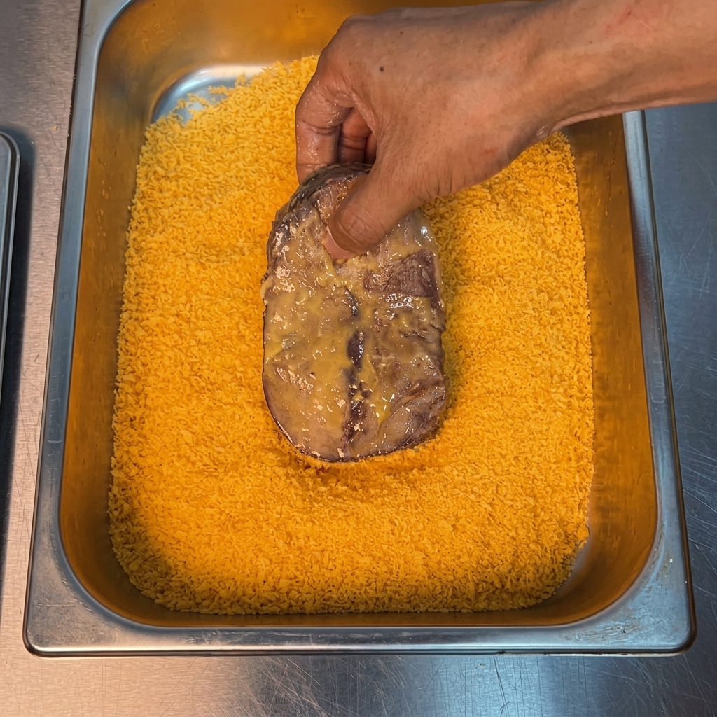鮮やかなオレンジ色がかったパン粉が入ったトレイに、ステーキをしっかりと押し当てている手。