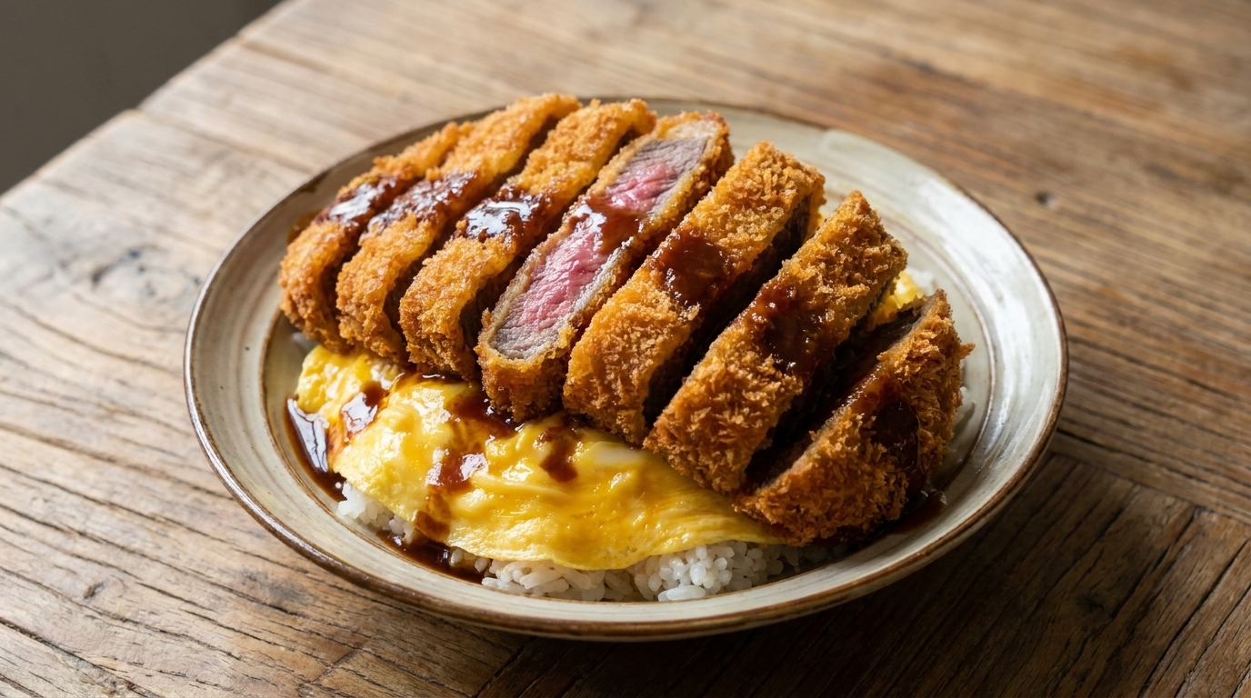 サクサク牛カツのトロトロ卵とじ風ステーキ丼
