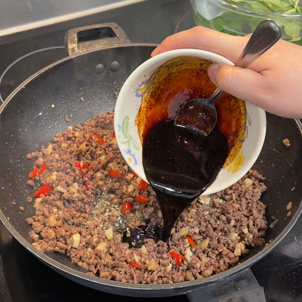 合わせ調味料を回し入れている様子。