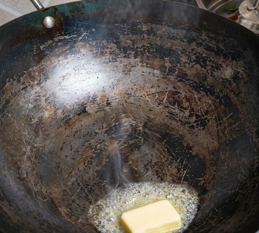 熱した中華鍋でバターが溶け、そこに生のステーキ肉を入れている様子。