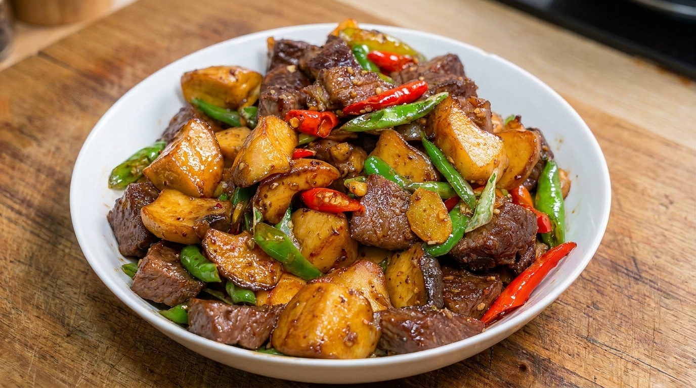 エリンギと牛肉のピリ辛ステーキ炒め