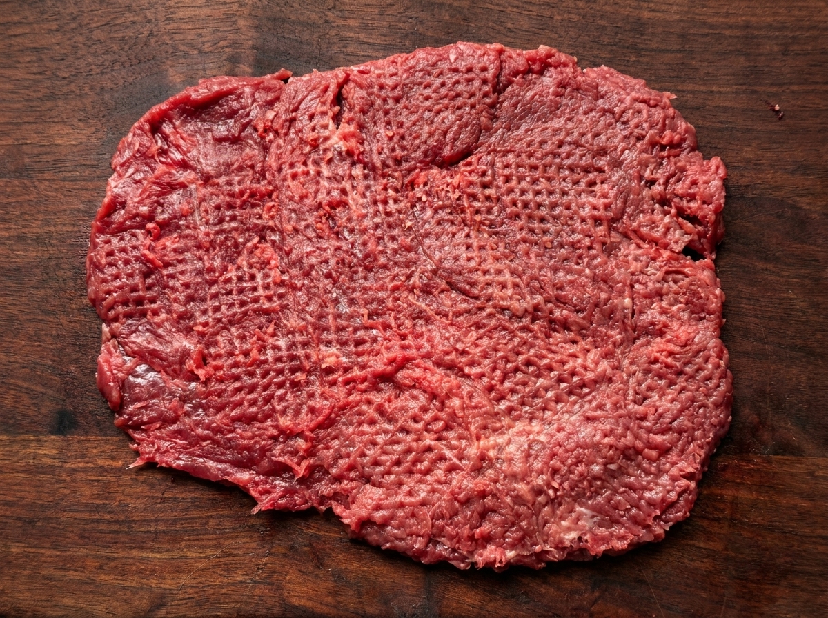 木のまな板の上で、肉たたきを使って牛肉を叩いている様子。