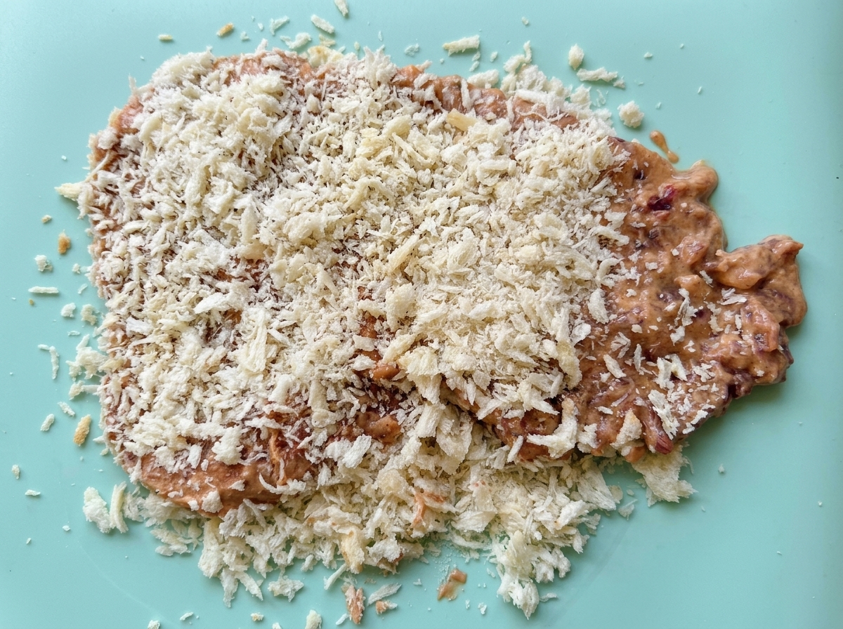 バッター液をつけた肉にパン粉をまぶしている様子。