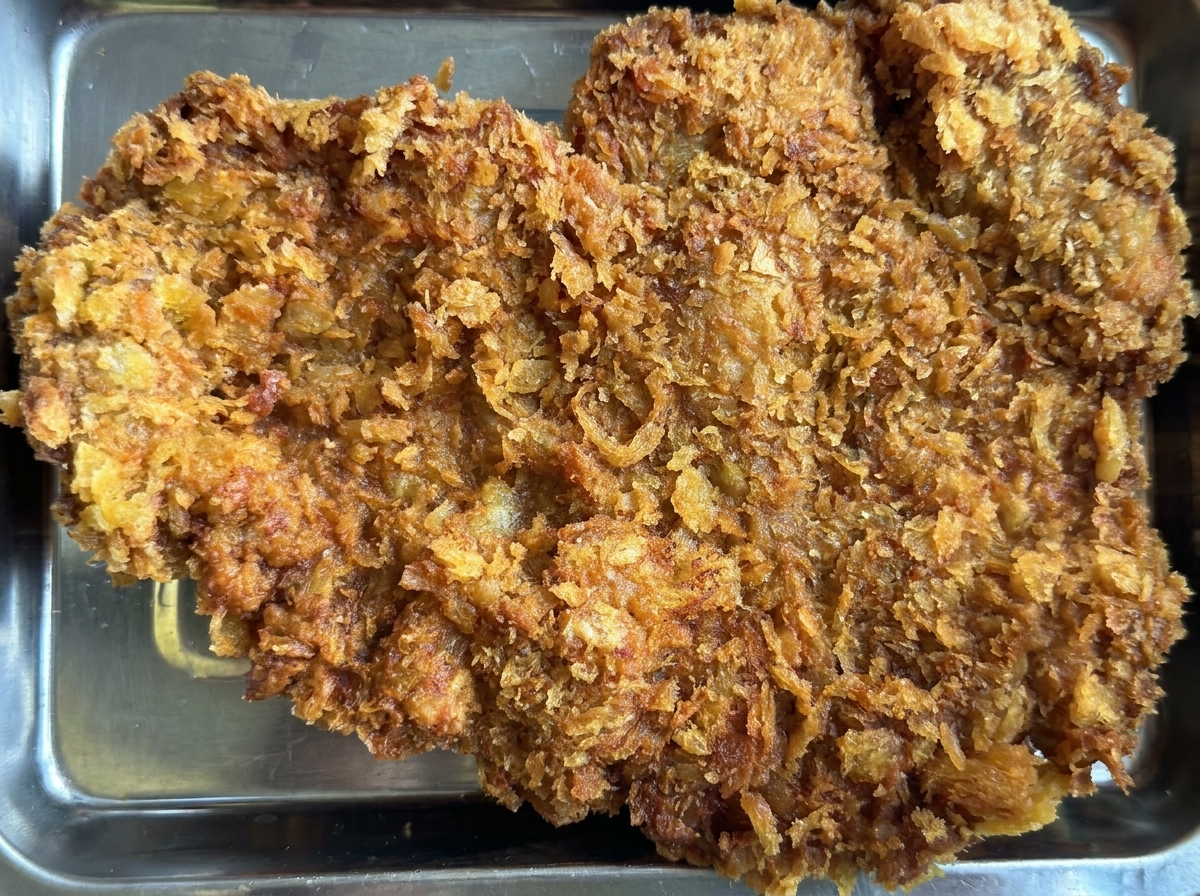 皿に盛られたビーフカツにソースをかけている様子。
