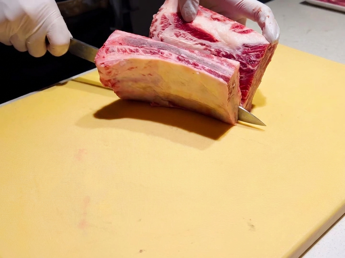 黄色いまな板の上で、包丁を使って開かれている厚切り牛カルビ肉