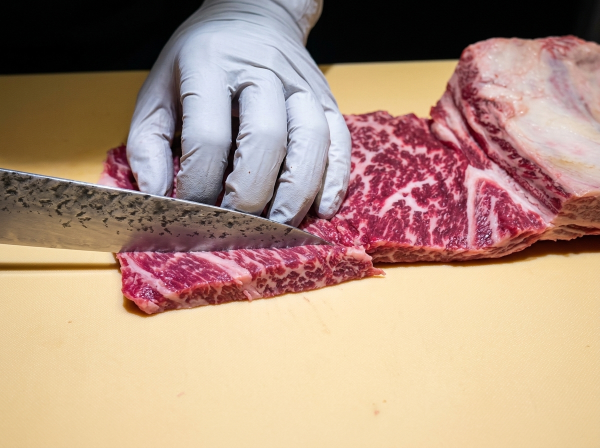 表面に格子状の切り込みが入った生の牛カルビ肉
