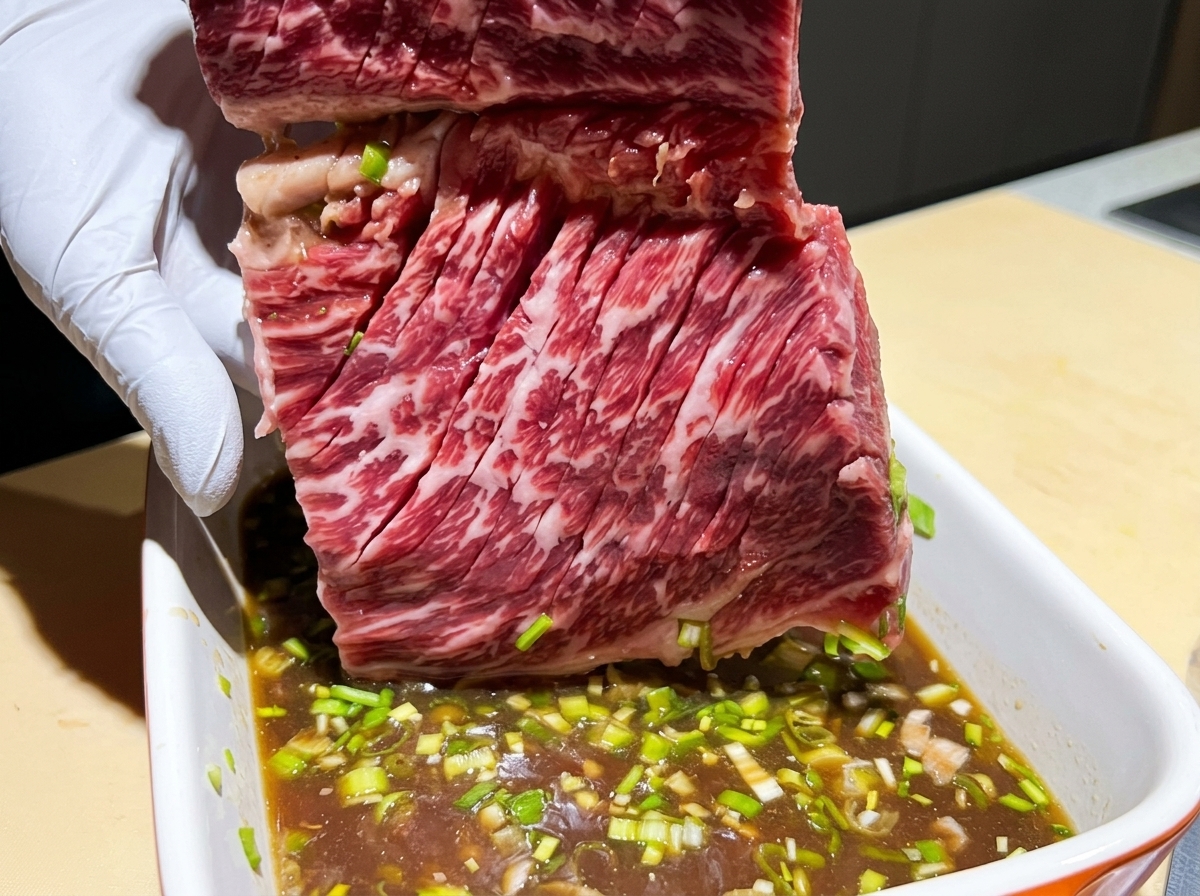 青ねぎの入った濃い色の漬けダレのバットに置かれた、切り込み入りの生の牛肉